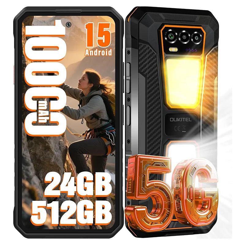Teléfono resistente OUKITEL WP58 PRO 5G desbloqueado - Smartphone con pantalla de 6.7" 120Hz, teléfono celular de 24GB (8+16) + 512GB, batería de 10000mAh, doble SIM