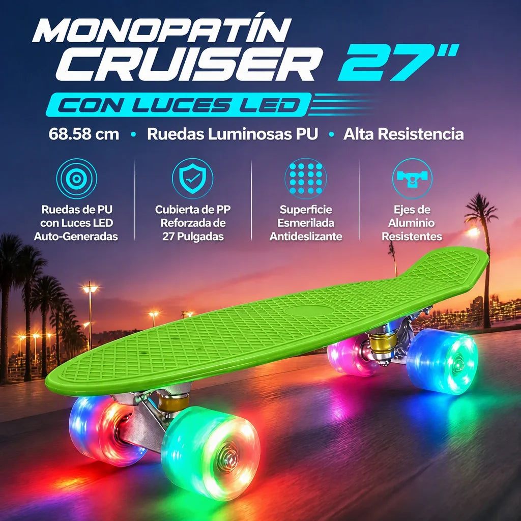 Mini Cruiser,Monopatín completo de 68,5 cm con ruedas luminosas y textura de rejilla para mejorar el agarre. Ideal para practicar y disfrutar al aire libre