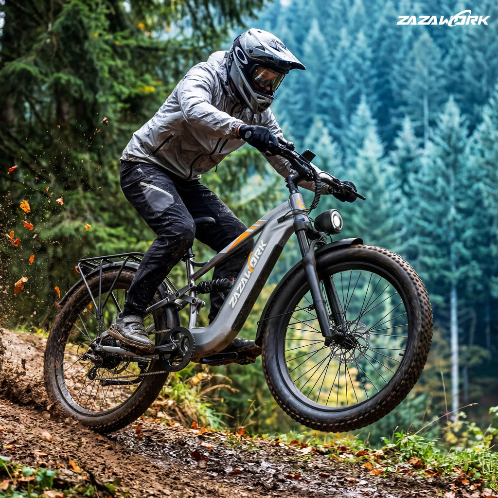 ZAZAWORK CF500 27.5' Fat Tire Full Suspension Electric Bike 250W 48V 20Ah Battery 7-Speed Hydraulic Disc Brake Up to 120km Range All-Terrain Commuter CE Certified
