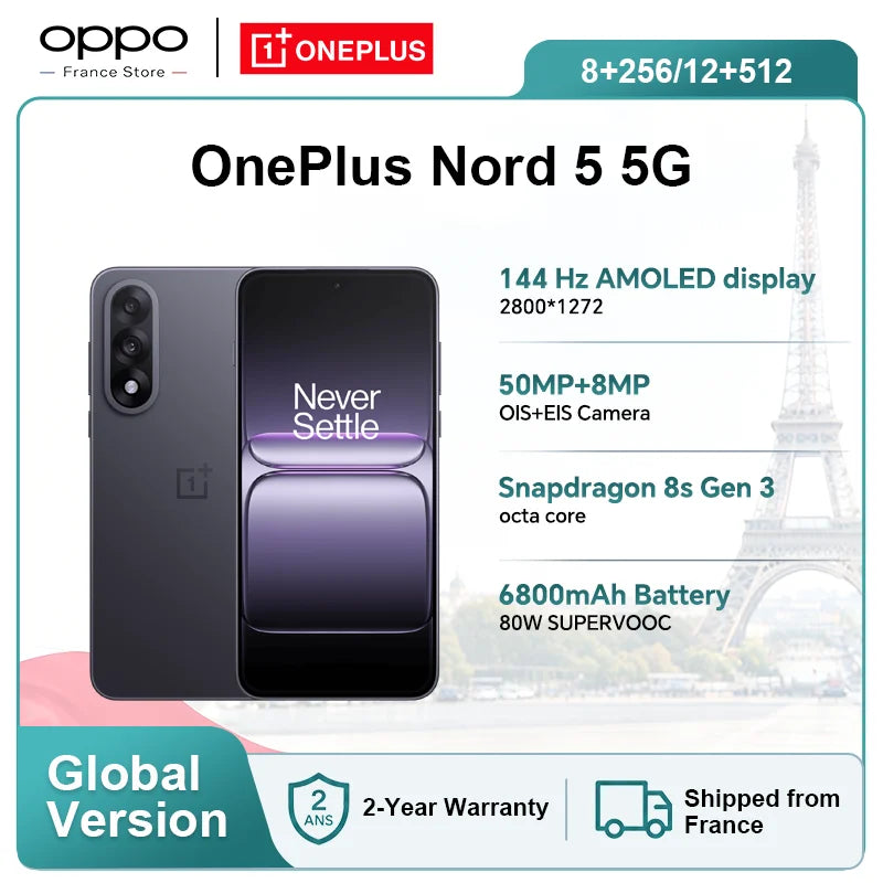 Smartphone versión global OnePlus Nord 5 5G 8GB+256GB 12GB+512GB Snapdragon 8s Gen 3 Android 15 6800 mAh 80W Wi-Fi 6 NFC