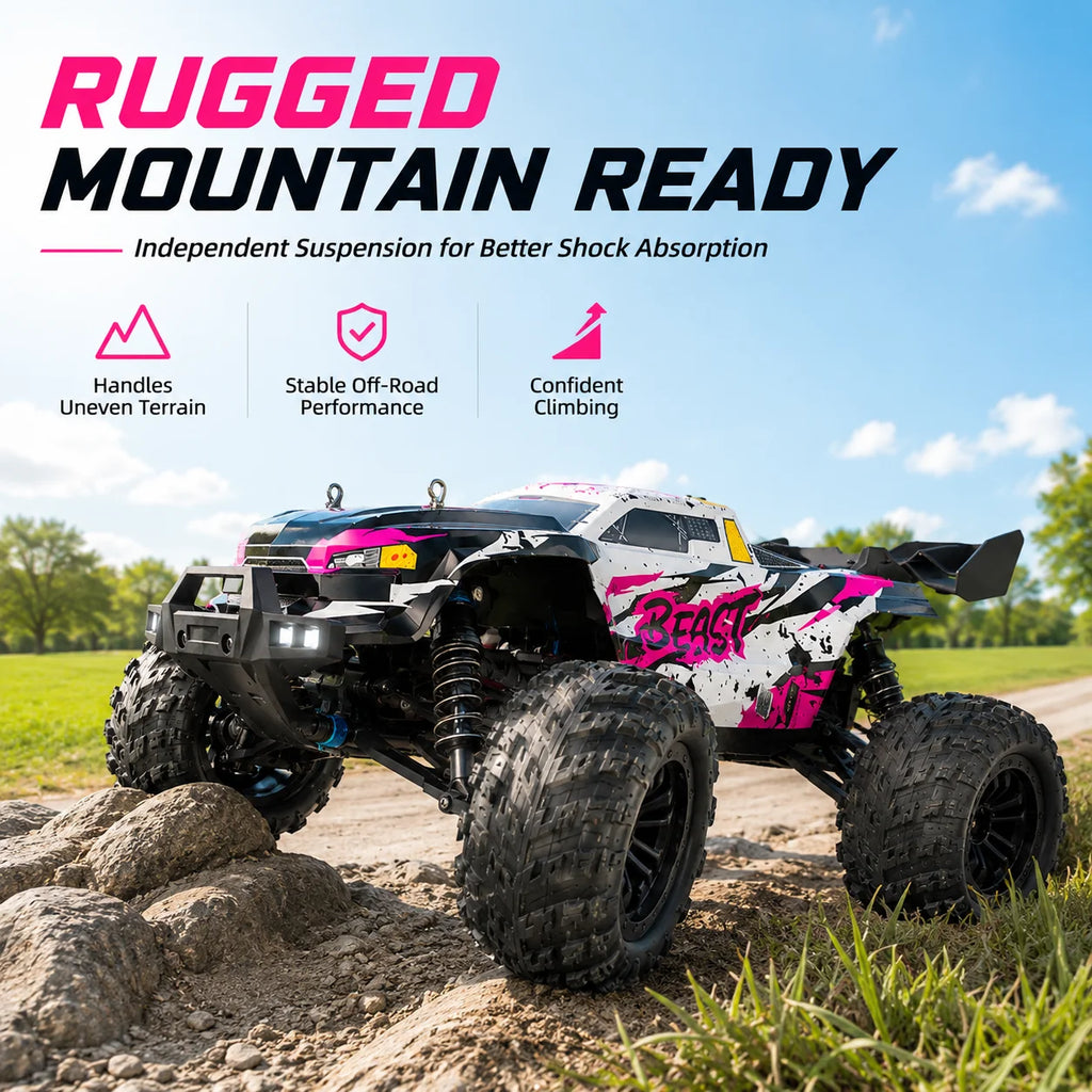 ZNLYRION, coche teledirigido RC todoterreno, camión monstruo 4WD sin escobillas, 2,4 GHz, 3 velocidades ajustables, con faros LED, vehículo RC de gran tamaño para todo tipo de terreno, 2 baterías recargables, juguete RTR