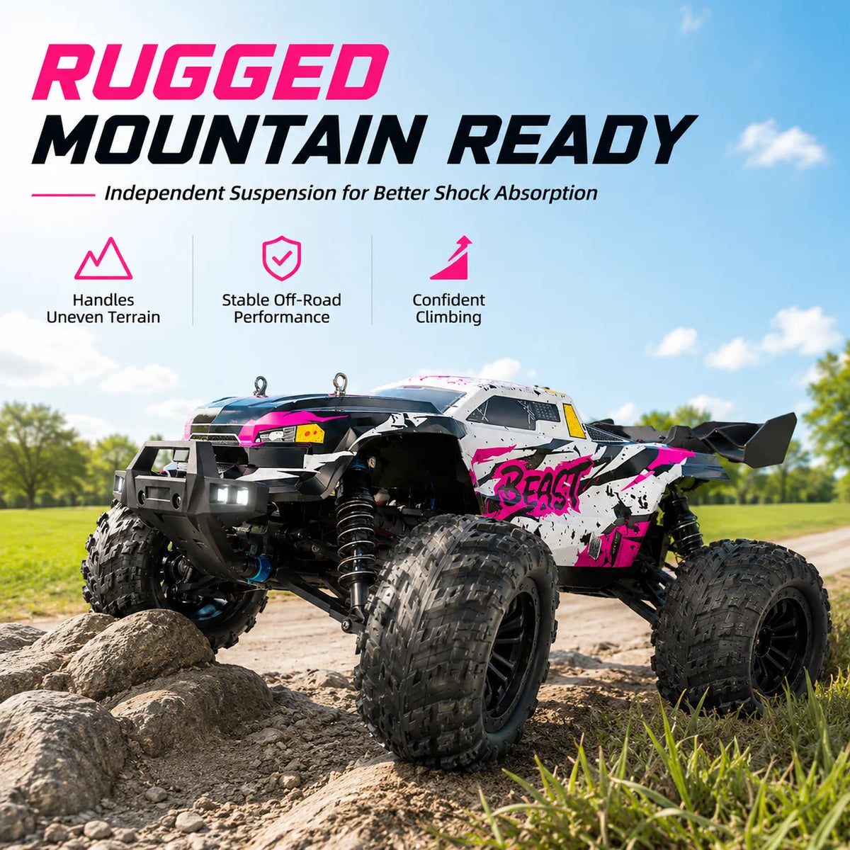 ZNLYRION, coche teledirigido RC todoterreno, camión monstruo 4WD sin escobillas, 2,4 GHz, 3 velocidades ajustables, con faros LED, vehículo RC de gran tamaño para todo tipo de terreno, 2 baterías recargables, juguete RTR