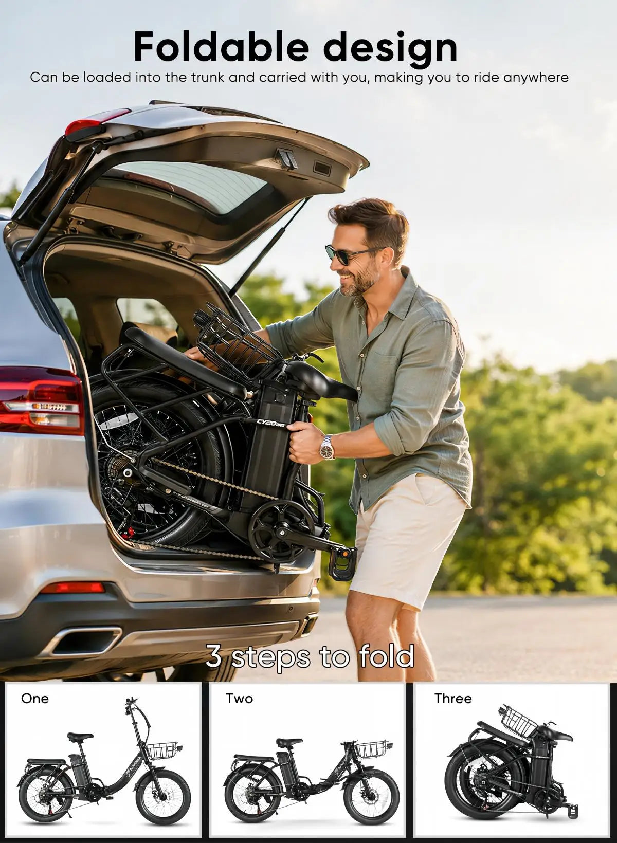 SAMEBIKE CY20 Pro 20-inch Fat-Tire Folding Electric Bicycle | 48V 13A Detachable Battery | Peak 50N·m Hub Motor | All-Terrain Commuting and Off-Road Dual-Purpose | Cargo-Capable Portable E-Bike, Adult Electric Bicycle