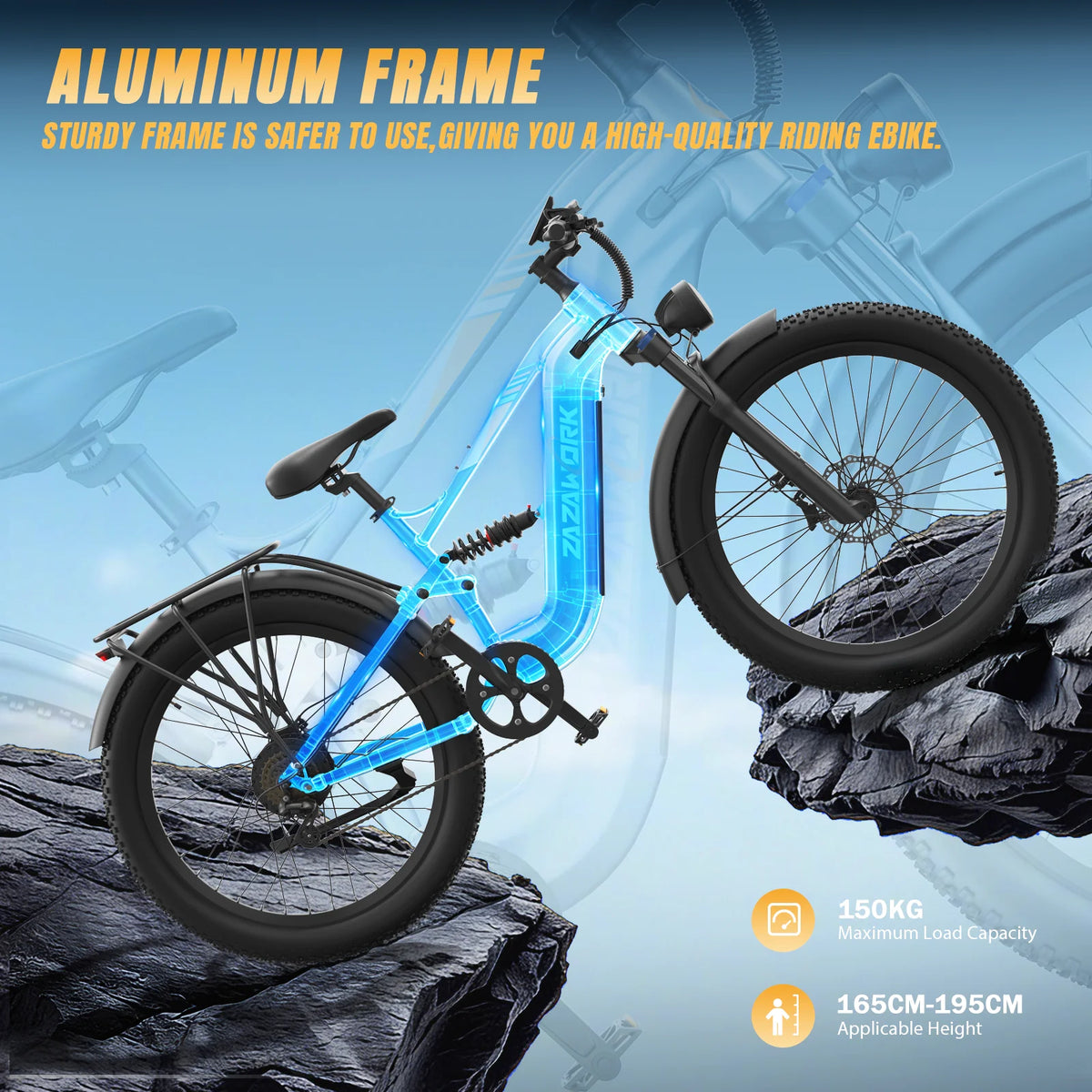 ZAZAWORK CF500 27.5' Fat Tire Full Suspension Electric Bike 250W 48V 20Ah Battery 7-Speed Hydraulic Disc Brake Up to 120km Range All-Terrain Commuter CE Certified