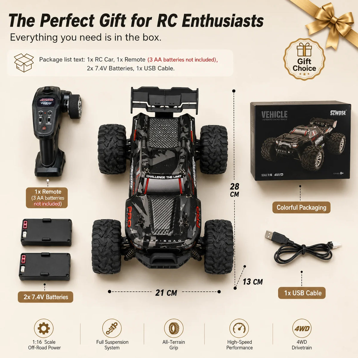 SZWDSE 1:16 4WD RC Car, 35 km/h High Speed, 2.4GHz 80m Anti-Interference Remote Control, Dual 7.4V 1500mAh Batteries for 32 minutes of run time, Splash-Resistant, Independent Suspension with Metal Shock Absorbers, Off-Road Ti
