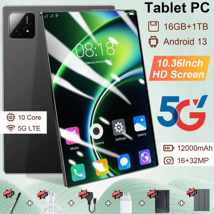 Nueva Tablet 2026, 12000mAh, Versión Global, 16GB+1TB de Almacenamiento, Pantalla HD 4K de 10.36 pulgadas, Android 13, 5G, Doble SIM, WiFi, GPS, WPS, Tablet PC