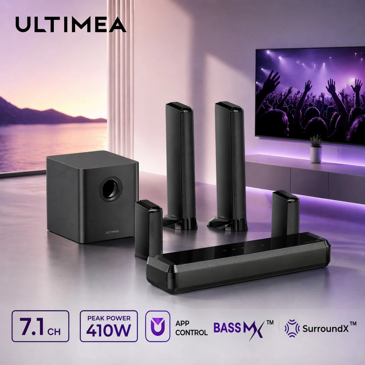 Barra de Sonido ULTIMEA de 7.1 Canales para TV Inteligente, Sistema de Sonido Envolvente con Subwoofer, Control por Aplicación, Iluminación RGB, Barra de Sonido Desmontable 3 en 1