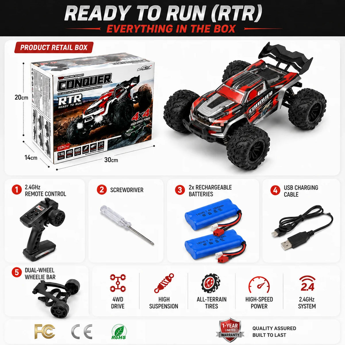 Coche RC a escala 1:16, alta velocidad 50 KM/H, 4WD, Monster Truck todoterreno, resistente al agua IPX4, control remoto de 2.4 GHz, vehículo de grado profesional para adultos y niños, carreras en todo terreno