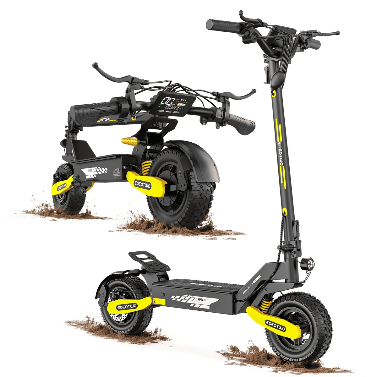 Patinete eléctrico todoterreno plegable negro y amarillo con neumáticos sin cámara