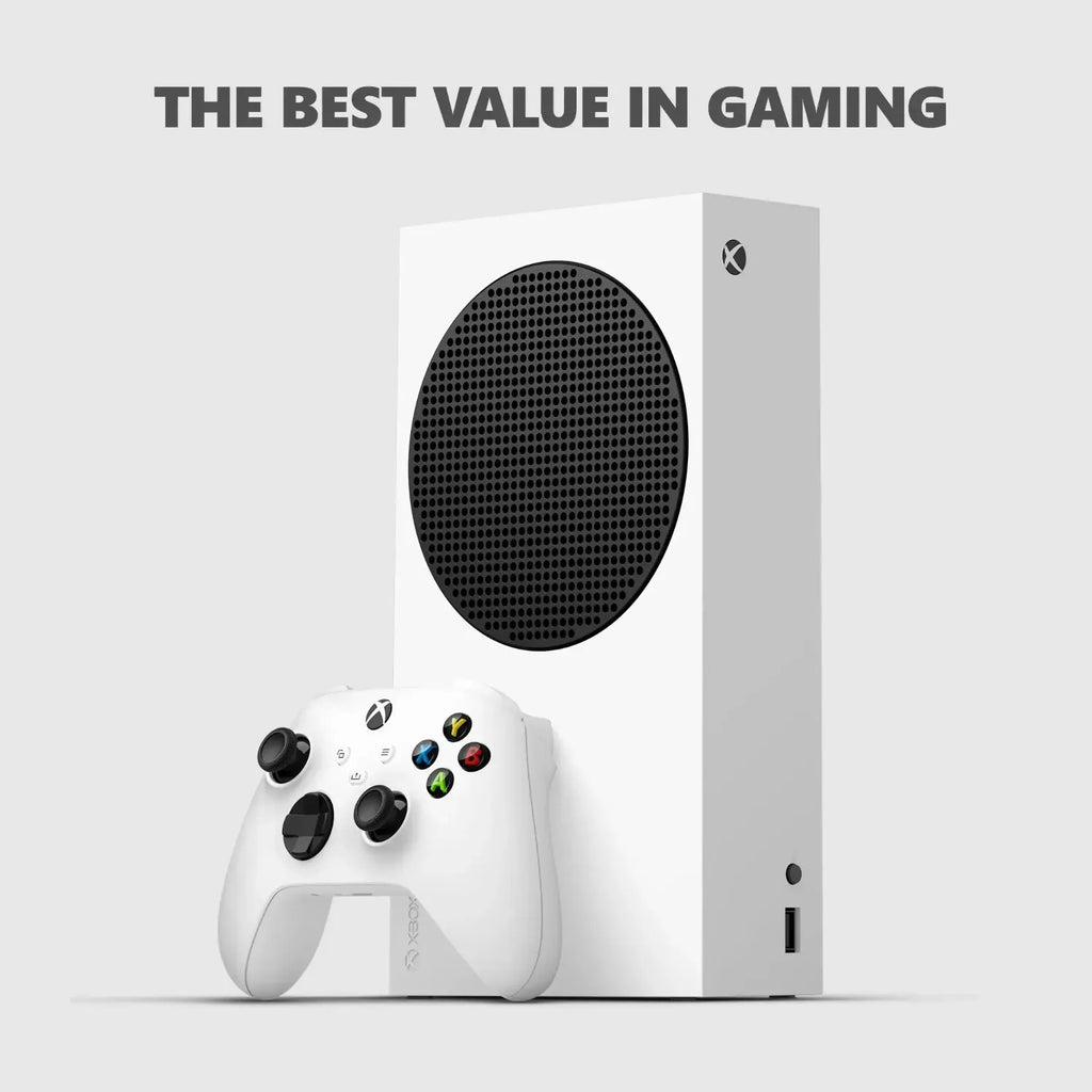 Consola Xbox blanca con rejilla negra ovalada y controlador inalámbrico blanco