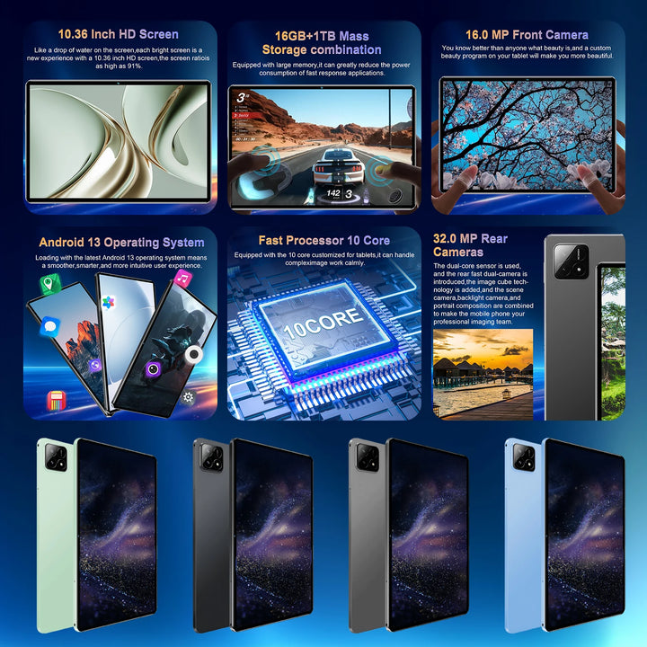 Nueva Tablet 2026, 12000mAh, Versión Global, 16GB+1TB de Almacenamiento, Pantalla HD 4K de 10.36 pulgadas, Android 13, 5G, Doble SIM, WiFi, GPS, WPS, Tablet PC