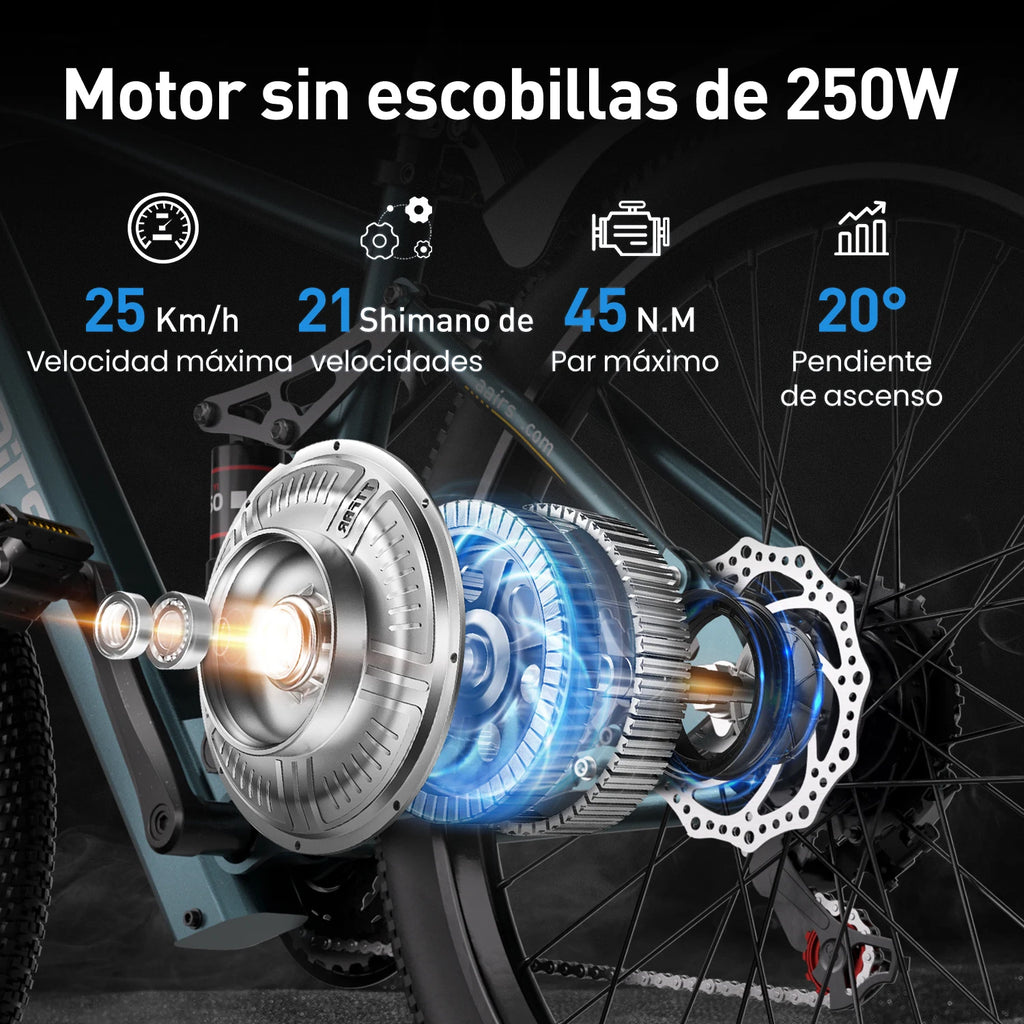 Bicicleta eléctrica de 26" para adultos, batería de 36V 13Ah 468Wh, motor sin escobillas de 250W, 25 km/h con hasta 40 millas de autonomía, transmisión de 21 velocidades, doble suspensión, desbloqueo NFC