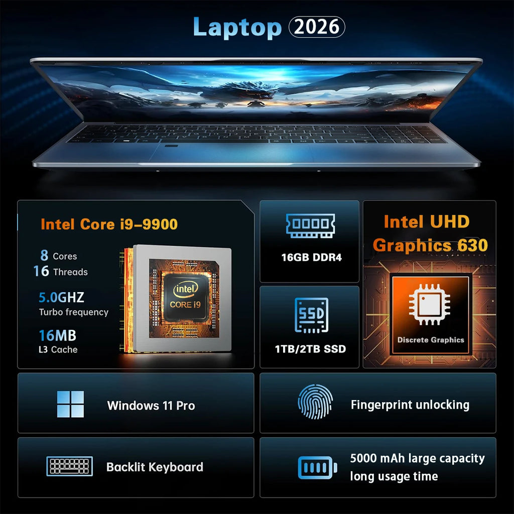 Portátil 2026 Intel Core I9 9900 10980HK, PC Notebook con Windows 11 Pro, 16 GB de RAM, SSD de 1 TB y 2 TB, portátiles de 15,6 pulgadas para juegos y oficina, teclado retroiluminado, desbloqueo con huella dactilar