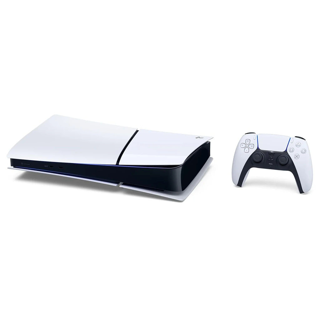 Consola PlayStation 5 Slim blanca horizontal y control inalámbrico blanco
