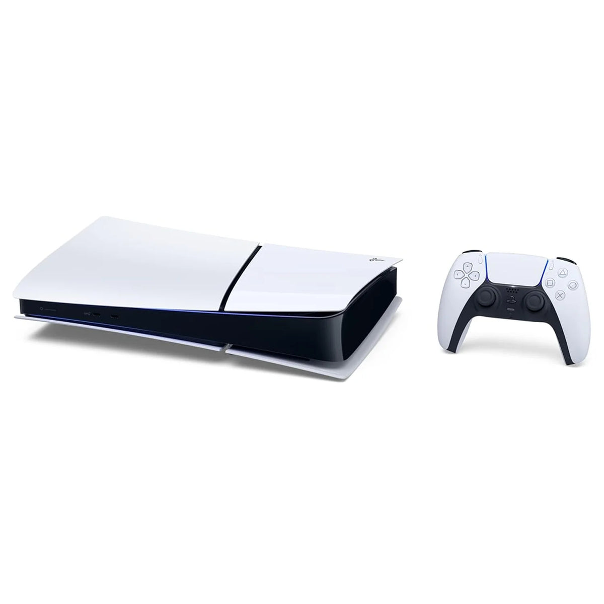 Consola PlayStation 5 Slim Digital blanca en horizontal y control inalámbrico blanco