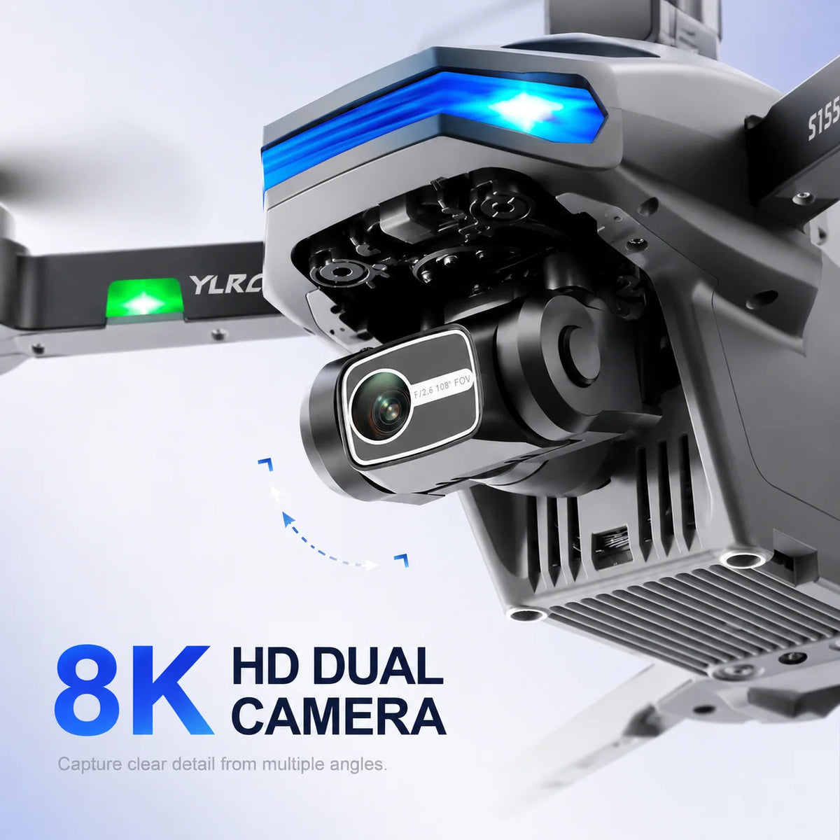Drone negro con cámara dual y luz azul frontal