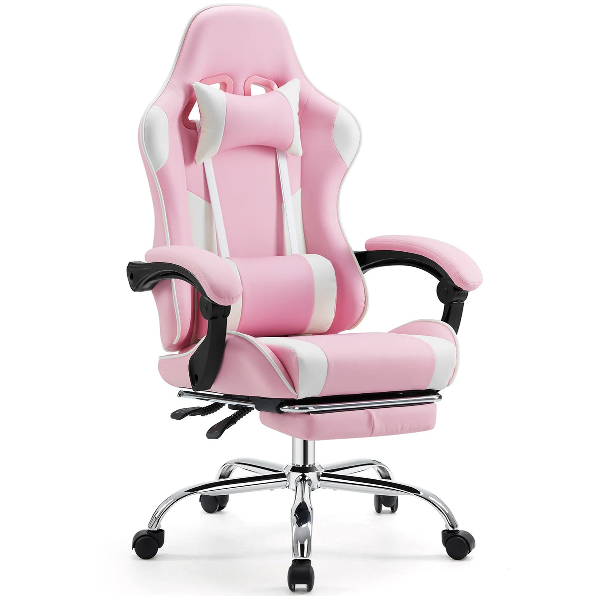 Silla gamer ergonómica rosa con reposacabezas y soporte lumbar, giratoria sobre ruedas