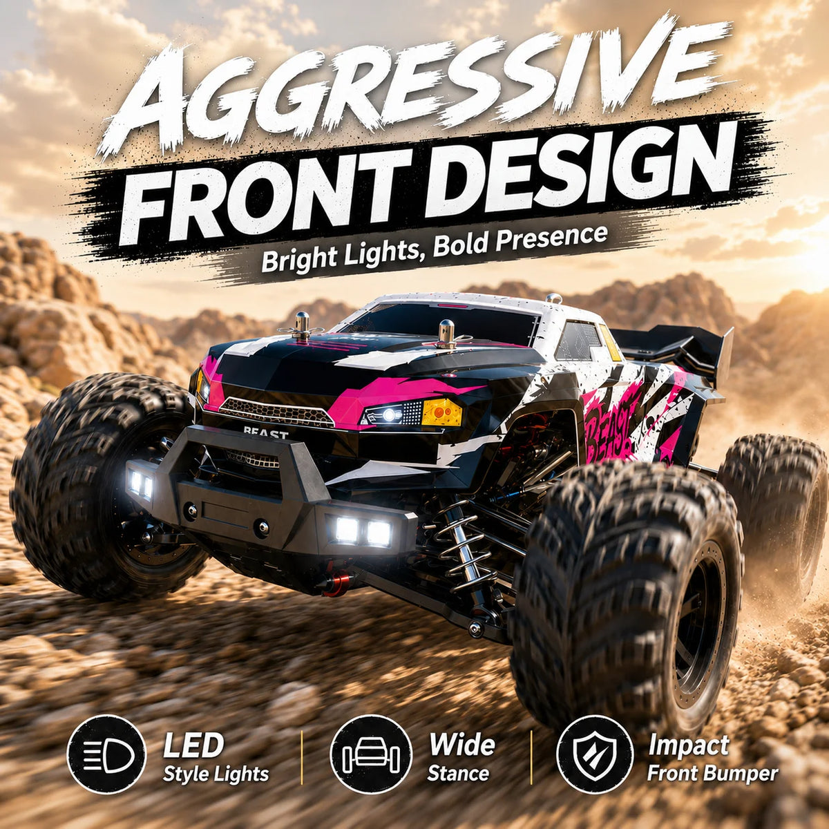 ZNLYRION Camioneta RC Todoterreno con Motor sin Escobillas 4x4, Buggy Todoterreno, Control Remoto de Precisión 2.4G con Interruptor de Luces, Neumáticos Grandes y Resistentes, Auto RC con 2 Baterías, Regalo para Amantes de