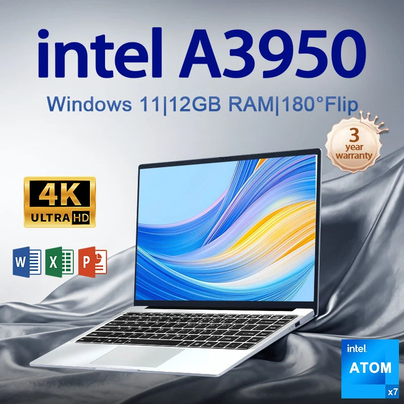 Ordenador portátil de oficina FUCHU, Intel Atom A3950, 12 GB de RAM, 2 TB SSD, PC para juegos, pantalla HD 1920*1080, ordenador de estudio, 14,1", PC Windows 11 Pro, ultradelgado