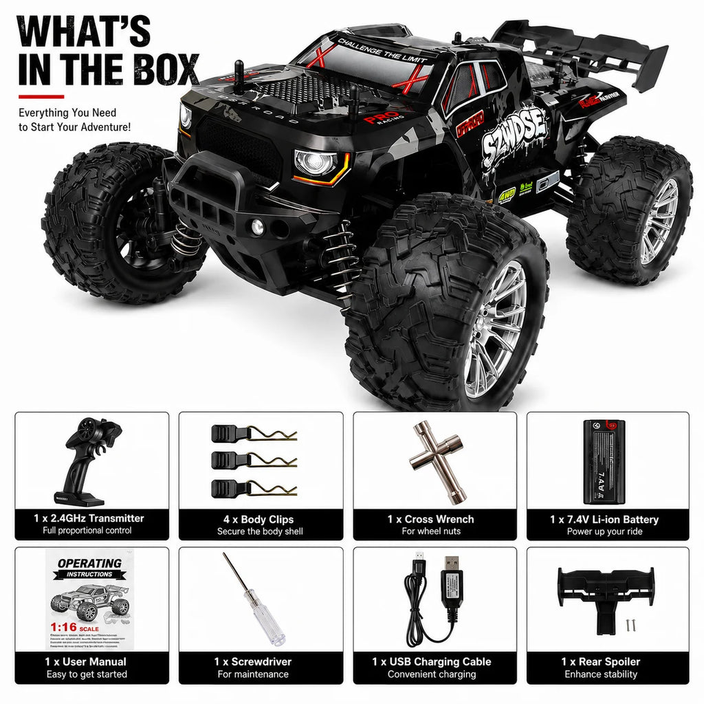 SZWDSE 1:16 4WD RC Car, 35 km/h High Speed, 2.4GHz 80m Anti-Interference Remote Control, Dual 7.4V 1500mAh Batteries for 32 minutes of run time, Splash-Resistant, Independent Suspension with Metal Shock Absorbers, Off-Road Ti