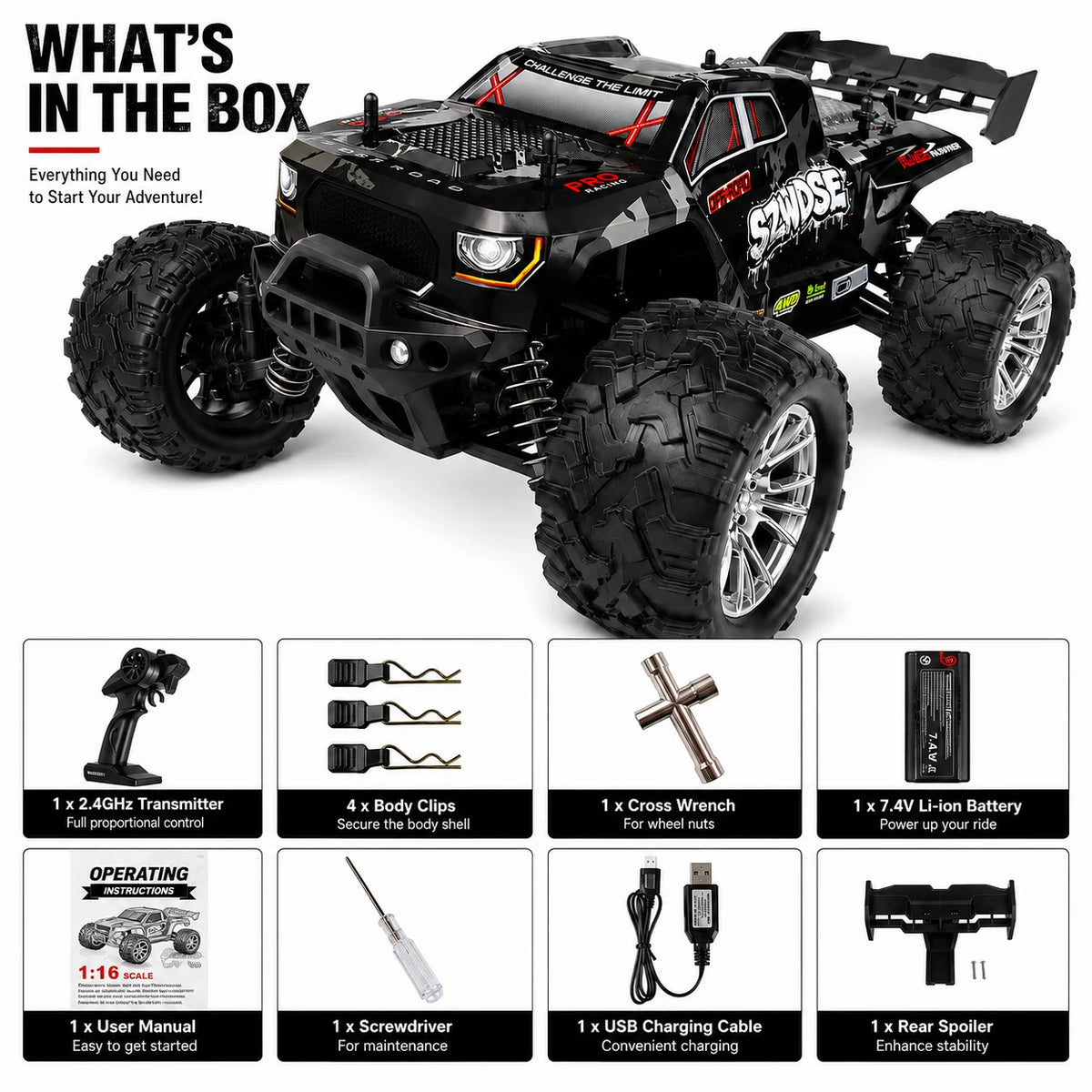 SZWDSE 1:16 4WD RC Car, 35 km/h High Speed, 2.4GHz 80m Anti-Interference Remote Control, Dual 7.4V 1500mAh Batteries for 32 minutes of run time, Splash-Resistant, Independent Suspension with Metal Shock Absorbers, Off-Road Ti