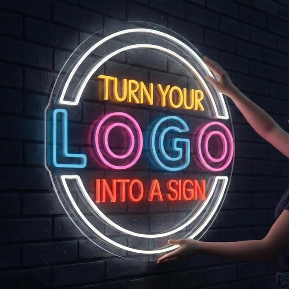 Letrero neón LED circular de acrílico con letras multicolor y borde blanco brillante.