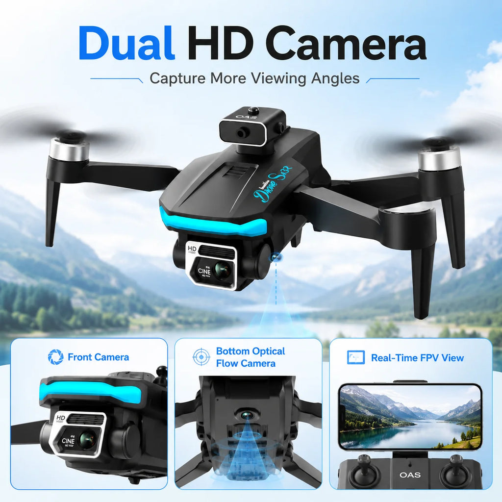 Dron RC negro con doble cámara y hélices plegables, luces azul turquesa y panel frontal