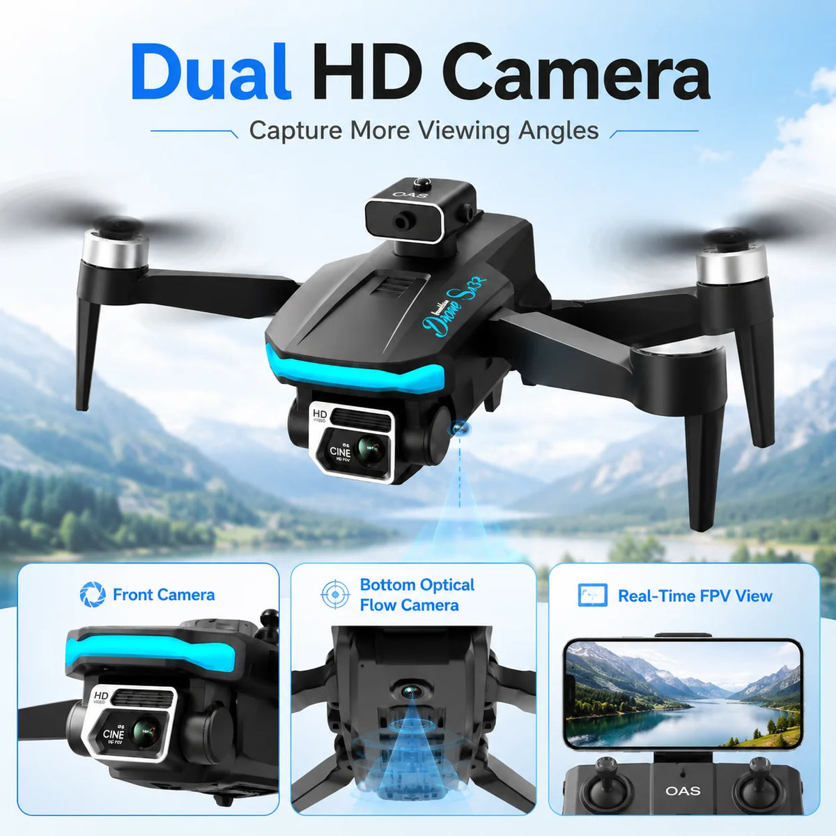 Dron RC negro con doble cámara y hélices plegables, luces azul turquesa y panel frontal