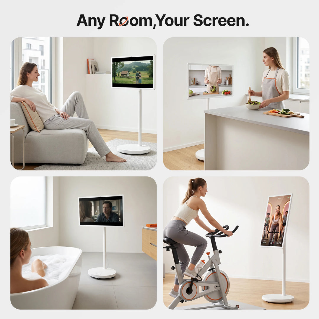 TV Portátil con Pantalla Táctil Inteligente de 32" con Soporte Giratorio, Batería de 8000 mAh, Altura Ajustable, Altavoz de 10W*4, Cámara de 13MP, Wifi 5, Android 15, Certificado por Google, 1080P FHD, Soporte de Altura A