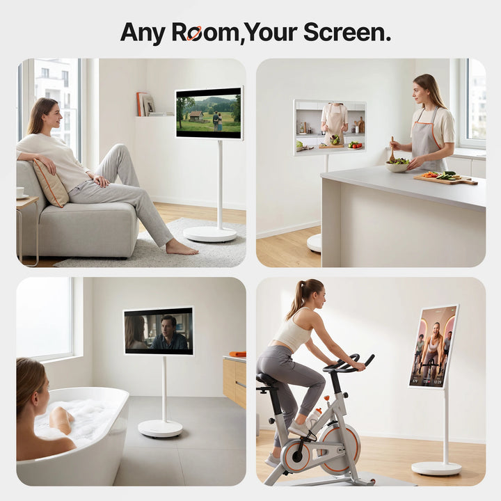 TV Portátil con Pantalla Táctil Inteligente de 32" con Soporte Giratorio, Batería de 8000 mAh, Altura Ajustable, Altavoz de 10W*4, Cámara de 13MP, Wifi 5, Android 15, Certificado por Google, 1080P FHD, Soporte de Altura A