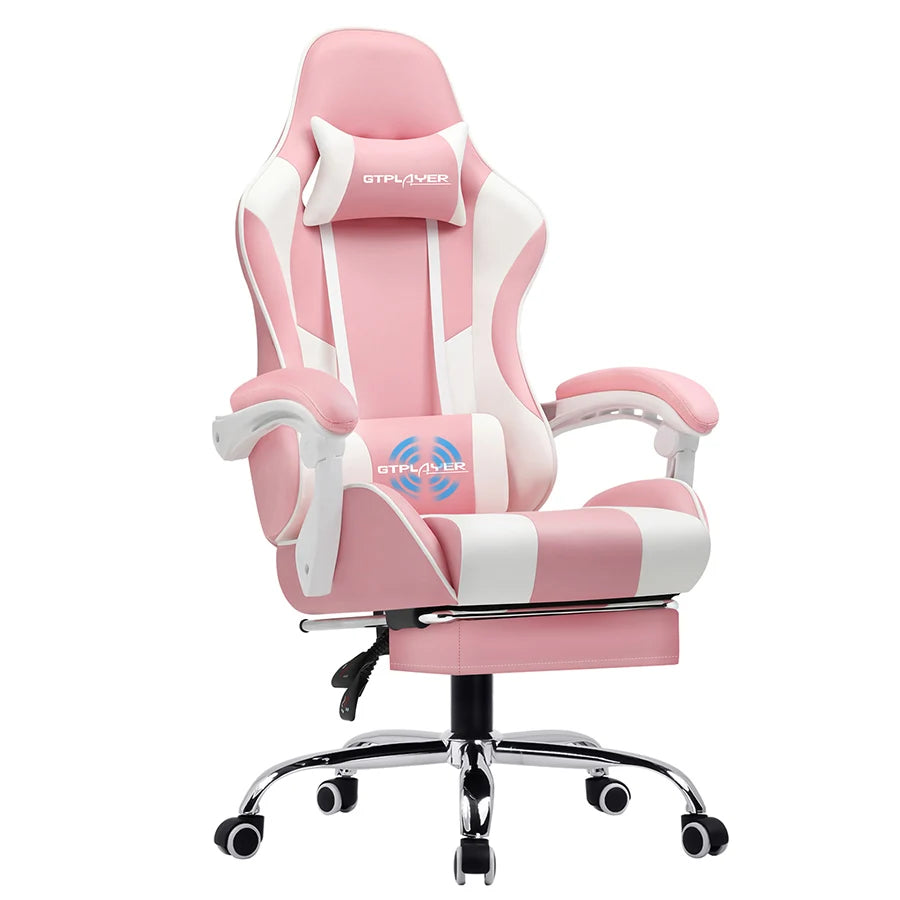 Silla gaming rosa con reposapiés, reposacabezas, soporte lumbar y base con ruedas
