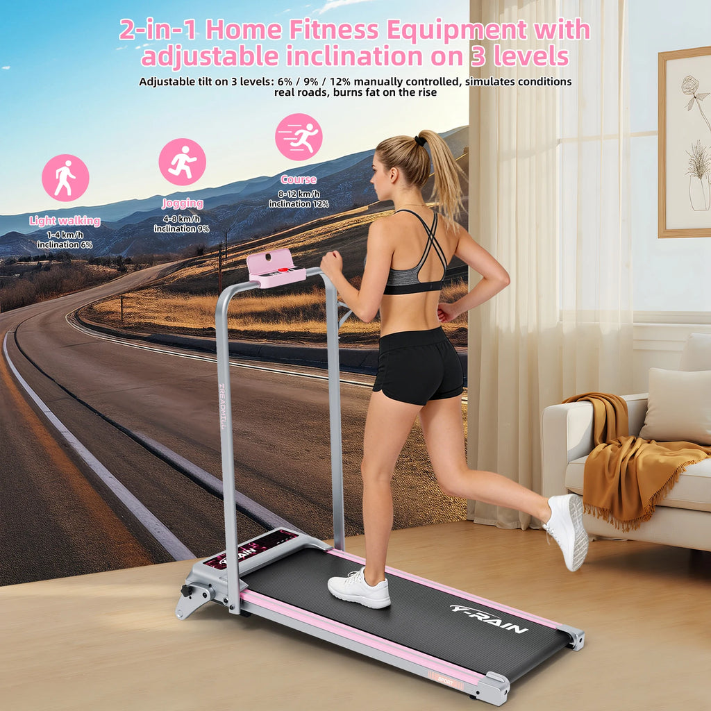 Caminadora plegable Y-RAIN para uso doméstico y en la oficina, con inclinación del 12 %, velocidad de 1 a 12 km/h, control remoto, pantalla LED y capacidad máxima de 150 kg.