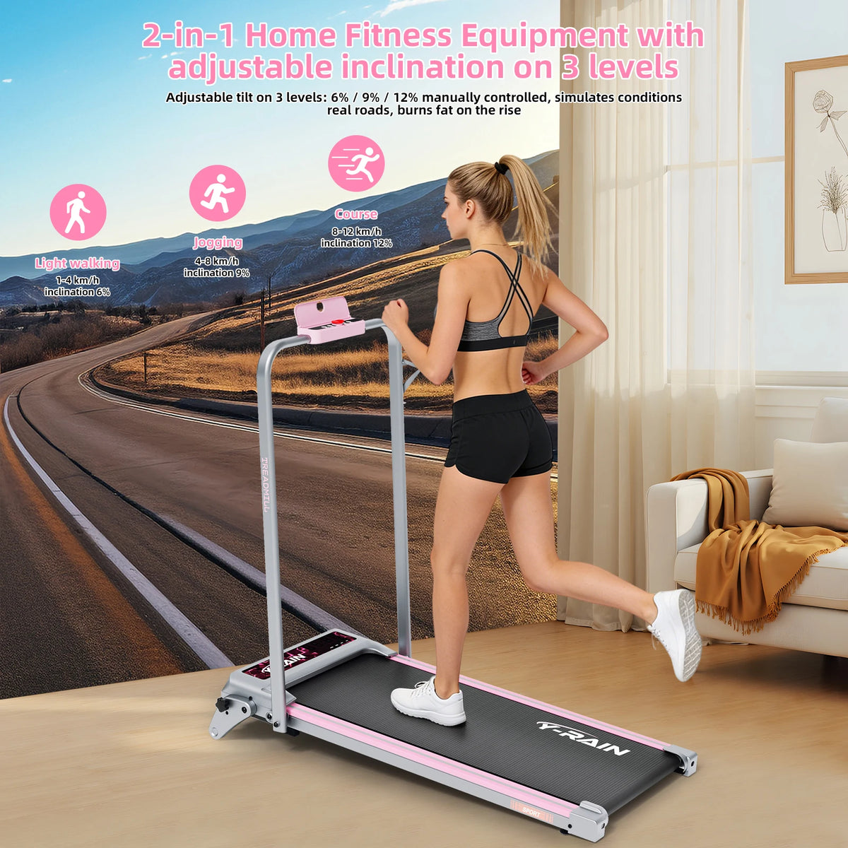 Caminadora plegable Y-RAIN para uso doméstico y en la oficina, con inclinación del 12 %, velocidad de 1 a 12 km/h, control remoto, pantalla LED y capacidad máxima de 150 kg.