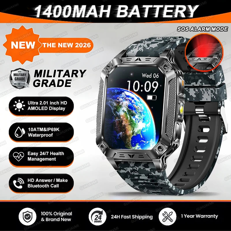 Reloj inteligente militar 2026 TANK, nuevo, 1400 mAh, GPS, pantalla AMOLED de 2.01", resistente al agua 10ATM, reloj, llamada SOS, linterna, para hombre, compatible con iOS