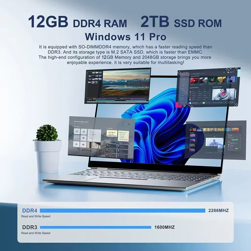 Portátil de 14.1 Pulgadas con Windows 11, Intel Atom X7 A3950 180 °   Portátil Plegable Delgado para Juegos, 12 GB de RAM, 512 GB/1 TB SSD, 1920*1080, Ordenador para Oficina y Estudio