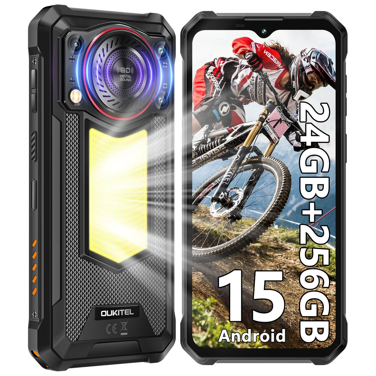 Teléfono Resistente OUKITEL WP53 PRO Desbloqueado - Teléfono Celular de 24(8+16)GB+256GB, Batería de 11000mAh, Android 15, Pantalla de 6.52'', Linterna de 900LM, Altavoz de 128dB, Cámara de 50MP, 4G Dual SIM/NFC/GPS