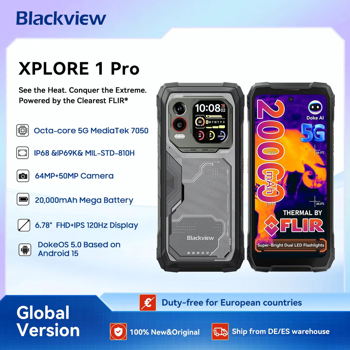 Teléfono móvil ultrarresistente Blackview XPLORE 1 Pro 5G con cámara térmica, pantalla principal de 6,78" a 120 Hz, pantalla secundaria de 2,01", batería de 20 000 mAh y linterna de 170 LM