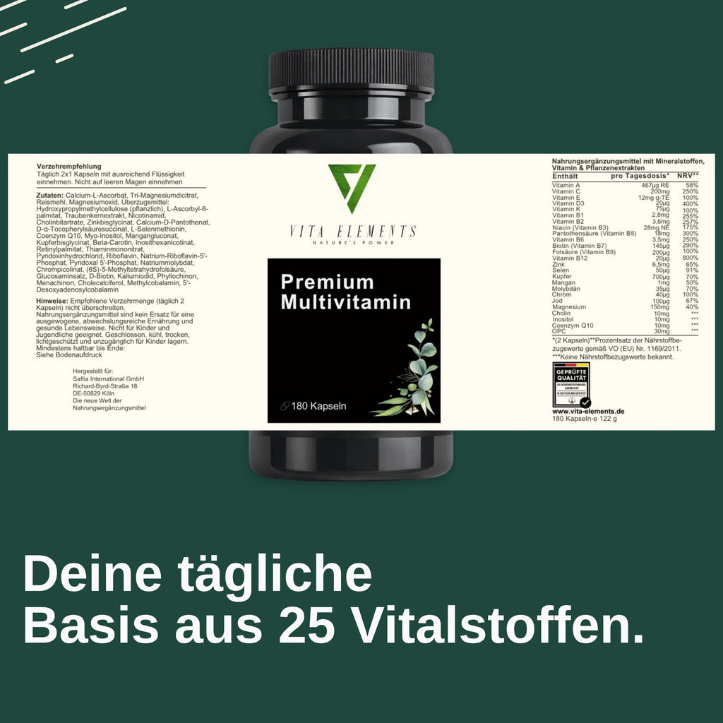 Cápsulas multivitamínicas de primera calidad |     Probado en laboratorio en Alemania |     Suplementos alimenticios |     Con vitaminas, zinc y selenio |     Con 15 nutrientes |     Libre de modificaciones genéticas |