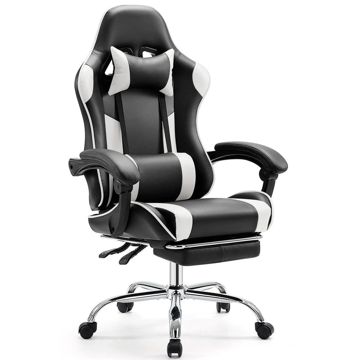 Silla gamer ergonómica negra con detalles blancos, reposacabezas, soporte lumbar y base