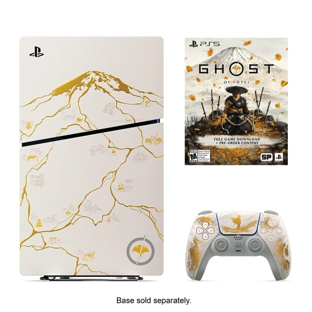 Consola PlayStation 5 Slim con diseño de mapa dorado y mando inalámbrico incluido