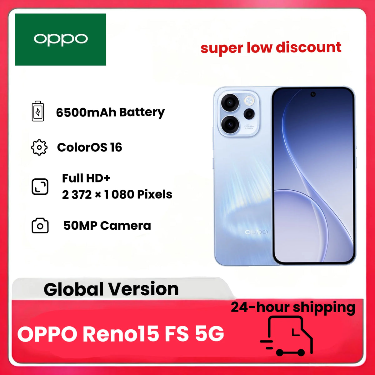 Teléfono inteligente Android OPPO Reno15 FS 5G, 8 + 512 GB, pantalla de 120 Hz, cámara selfi ultra gran angular de 50 MP con campo de visión de °, AI Portrait Glow, batería mAh, IP69, carga rápida SUPERVOOC de 80 W, cargador excluido