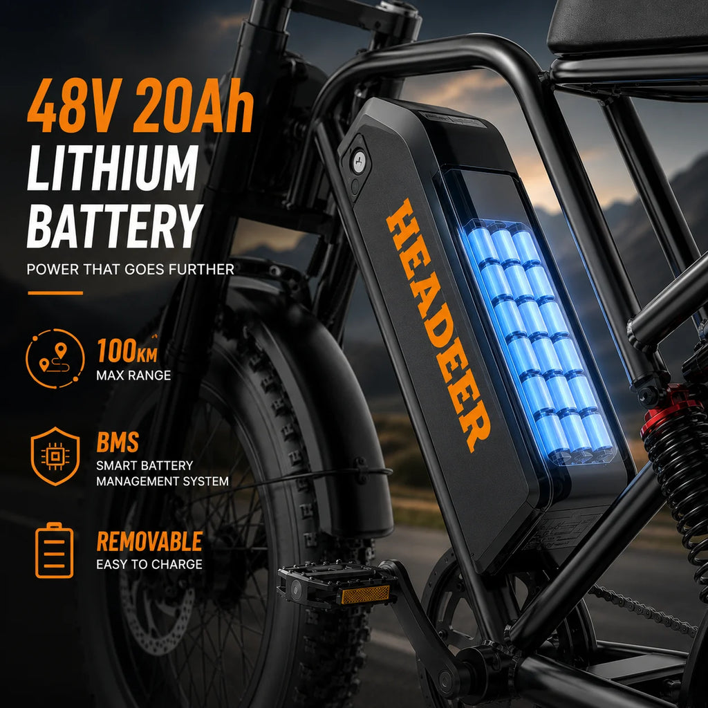 HEADEER BK20 750W Fat Tire Electric Bike for Adults, 48V 20Ah Battery, 20x4.0 All-Terrain E-Bike, 50KM/H, Dual Suspension