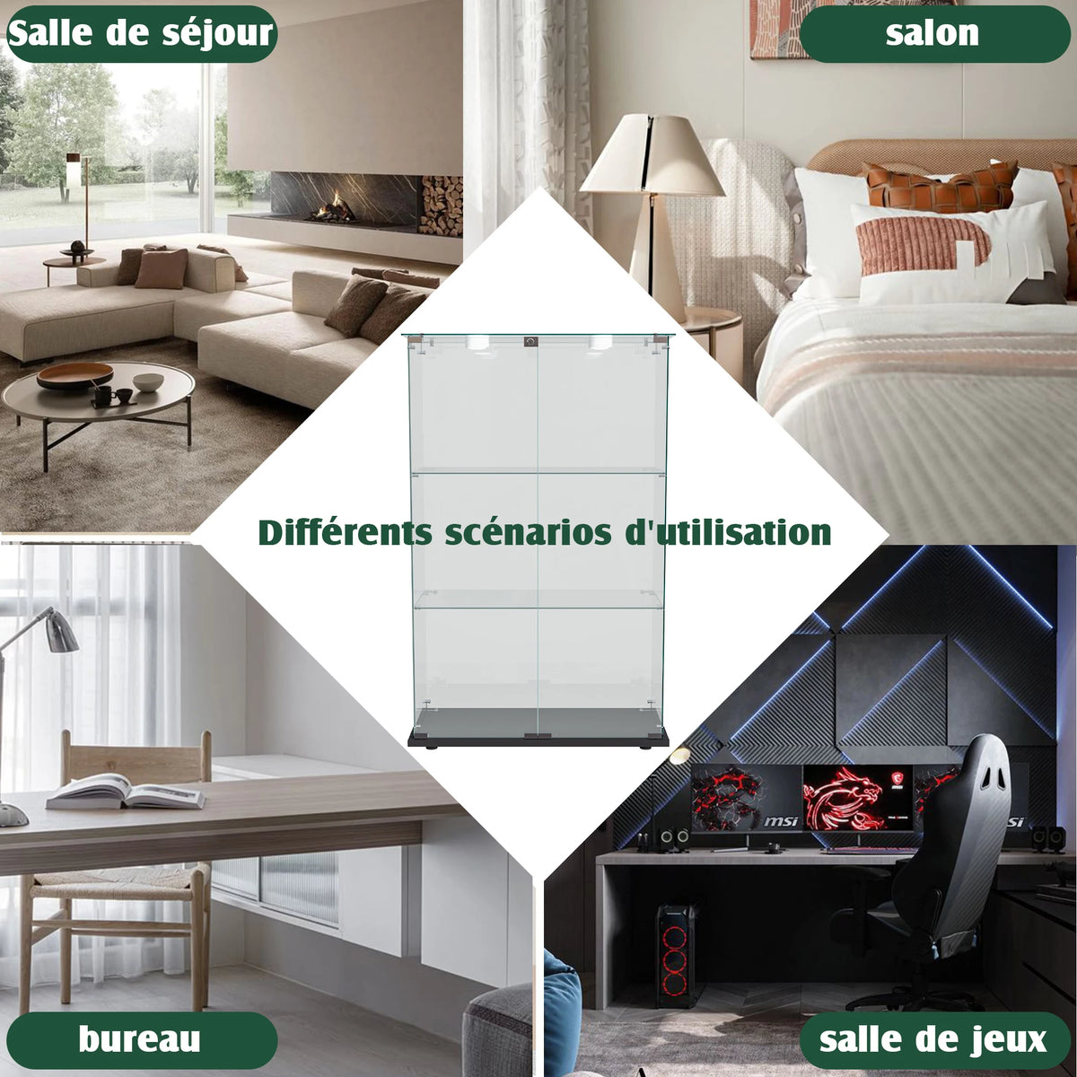 Vitrina de cristal, mueble expositor con iluminación LED, 3 niveles, 2 puertas y cerradura de seguridad, adecuada para salón y dormitorio