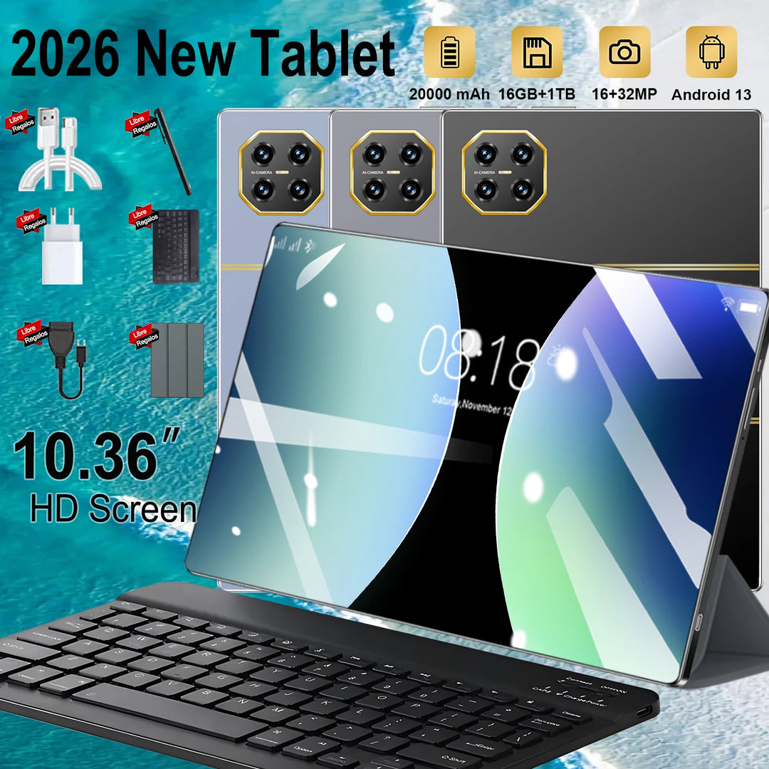 Tableta Android 2026 de 10.36 pulgadas, chip de 14 núcleos, Android 13, 16 GB + 1 TB de gran almacenamiento, batería de larga duración de 20000 mAh, WiFi, cámara frontal de 16 MP, cámara trasera de 32 MP