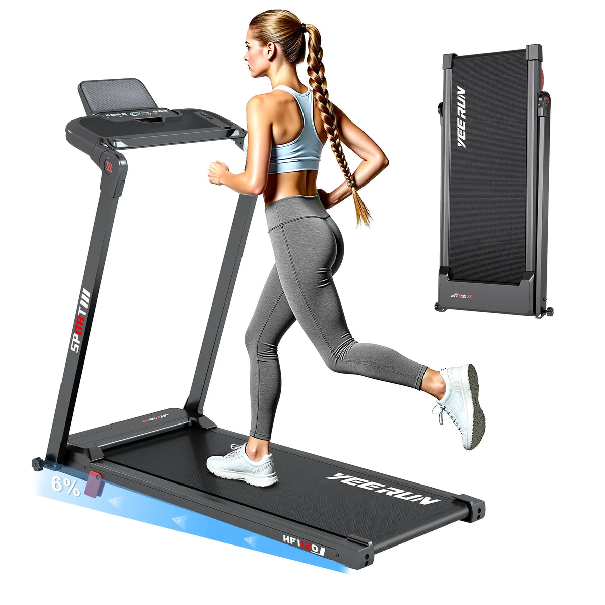 Caminadora plegable compacta 5 en 1 con inclinación del 6%, motor sin escobillas Pic 3.0 HP, pantalla táctil LED y control remoto, velocidad ajustable de 1 a 14 km/h, ideal para caminar y correr en casa.