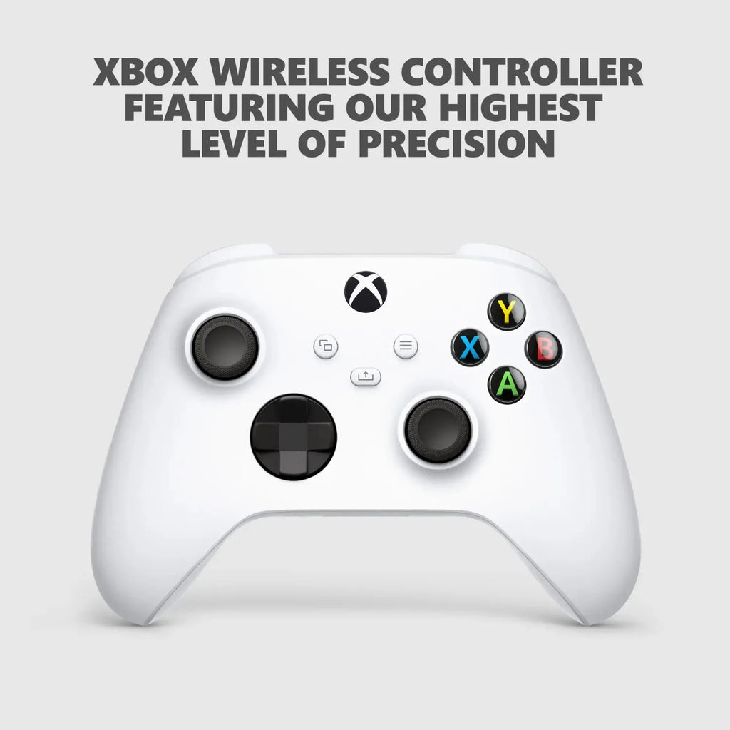 Mando inalámbrico Xbox blanco con botones de colores y palancas negras