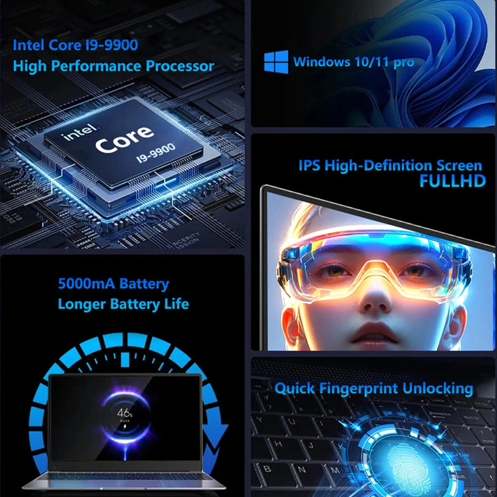 LENO 15.6” Portátil Intel I9 9900 Windows 11, 16GB 32GB RAM, 256GB 1TB 2TB SSD, Ordenador Portátil para Juegos, Oficina y Ocio, 1920*1080 HD 4K
