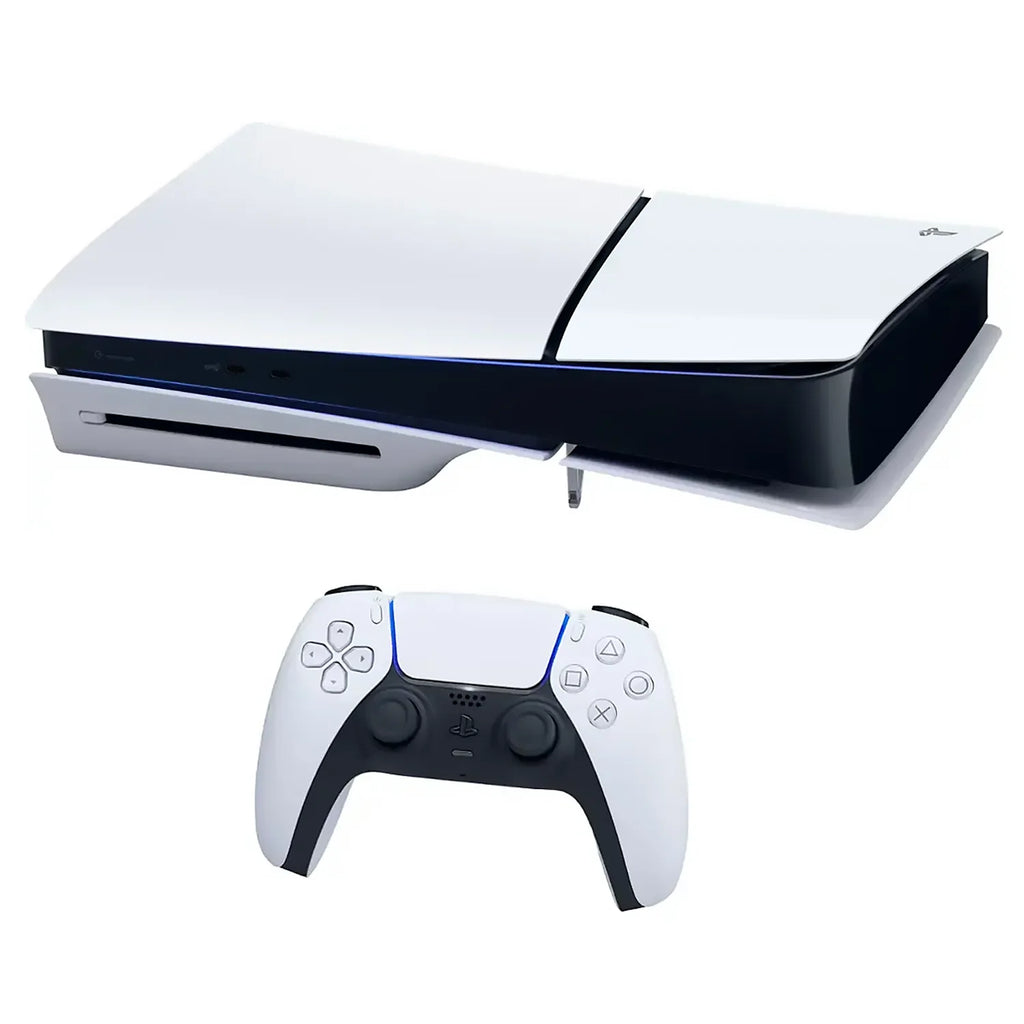 Consola PlayStation 5 Slim horizontal blanca y azul con mando blanco