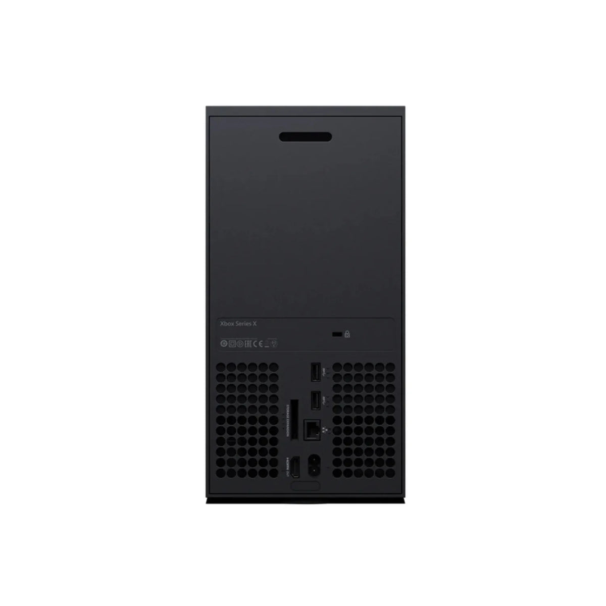 Parte trasera de la consola Xbox Series X negra con puertos