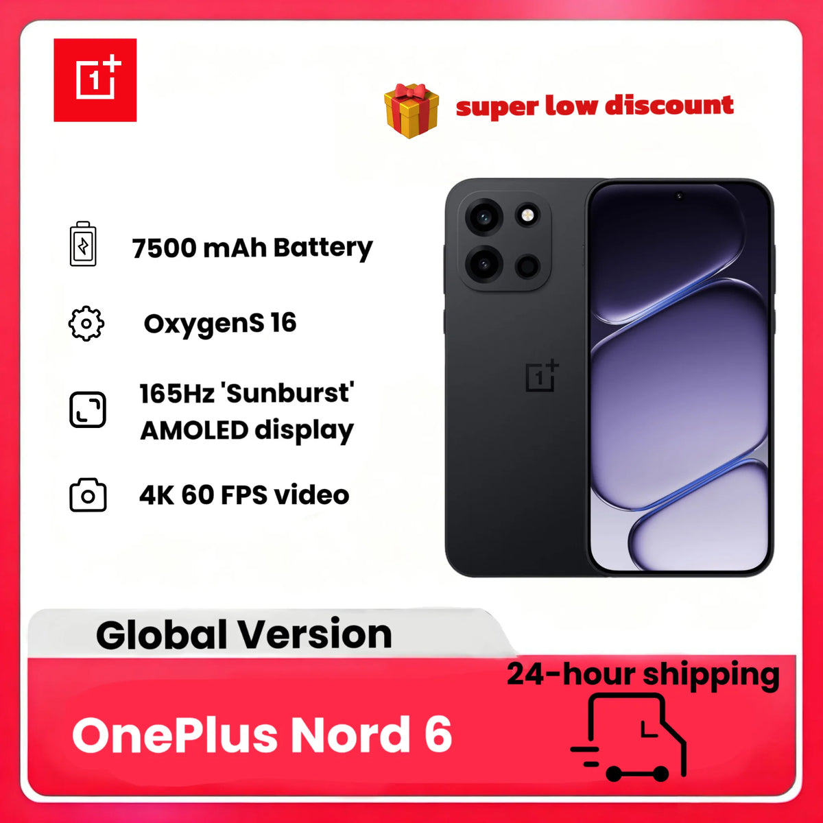 Smartphone OnePlus Nord 6 2026, Edición Mundial, 8 GB + 256 GB, Batería de 7500 mAh, Snapdragon serie 8, 165 Hz, cámara de 50 MP, sin cargador